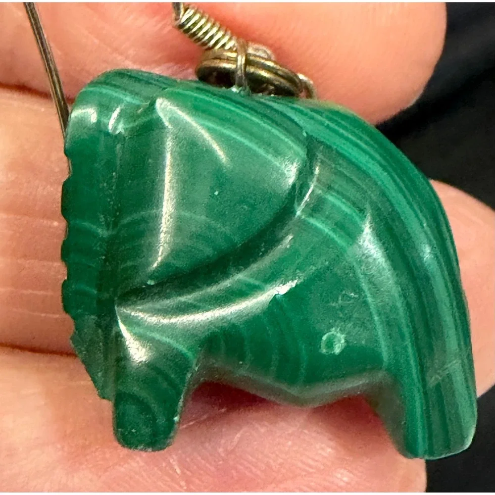 Vintage Genuine Carved Green Malachite Elephant Dangle Drop Earrings Good Luck
